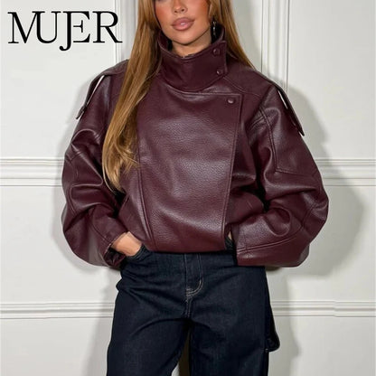 Faux Leather Oversize Bomber Jacket for Women