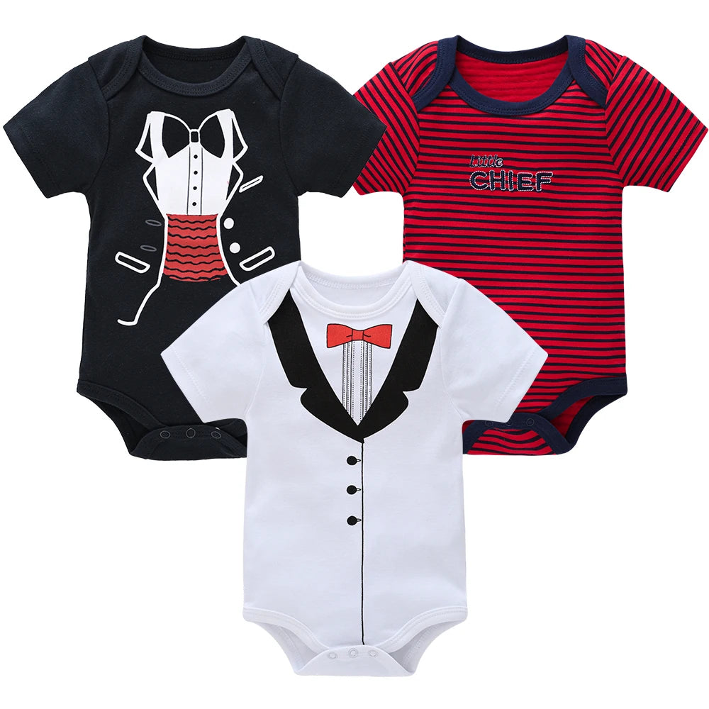 Baby Boy Summer Cotton Bodysuit Set Blue Grey Tie Print