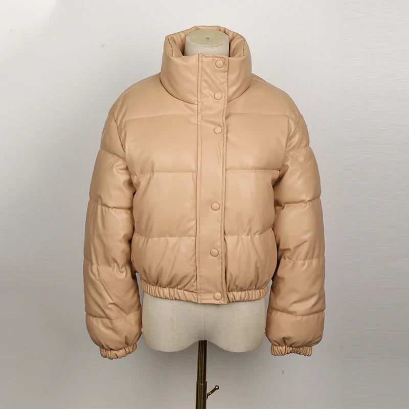 Black PU Leather Women's Winter Parka Jacket