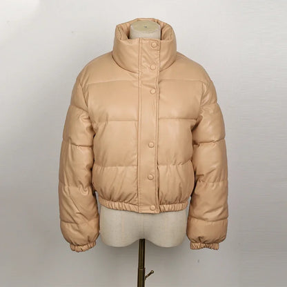 Black PU Leather Women's Winter Parka Jacket