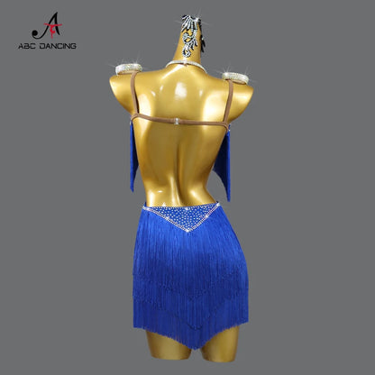 Latin Performance Dance Dress Women Blue Fringe Skirt