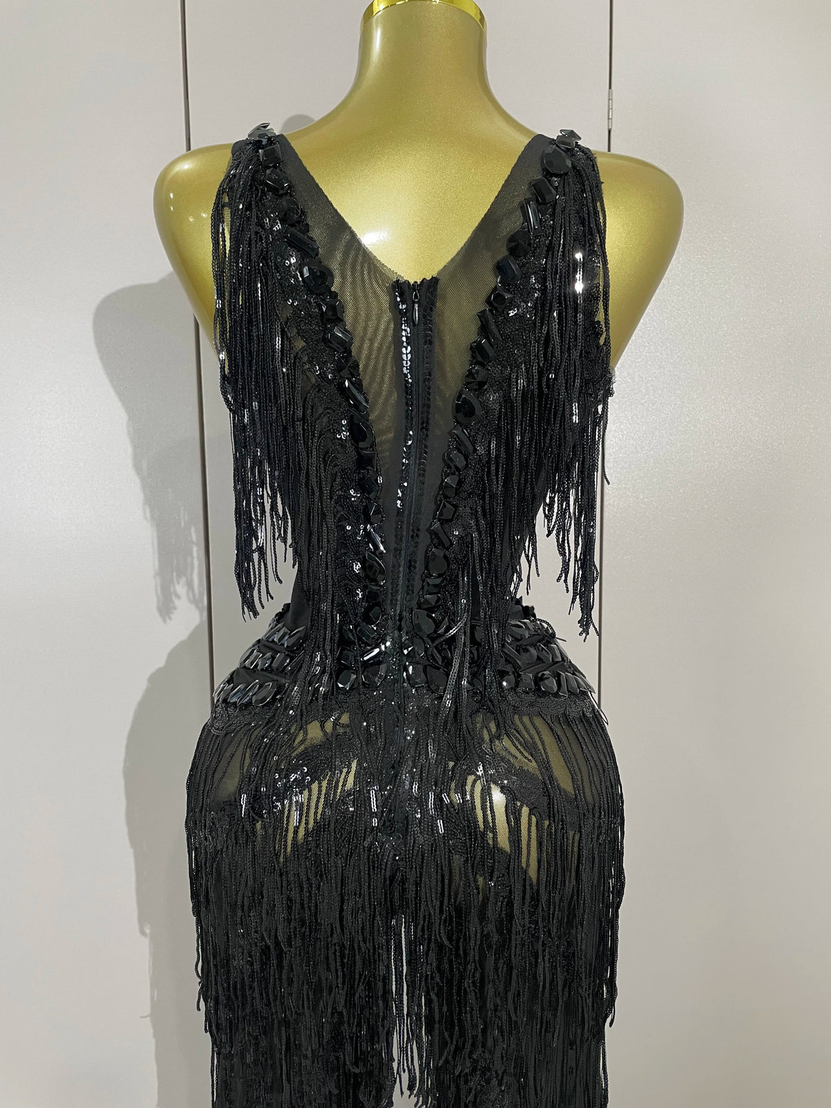 Sparkly Black Rhinestone Fringe Jumpsuit for Women