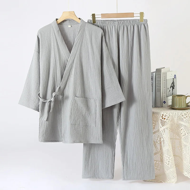 Cotton Couple Kimono Robes with Long Trousers Set