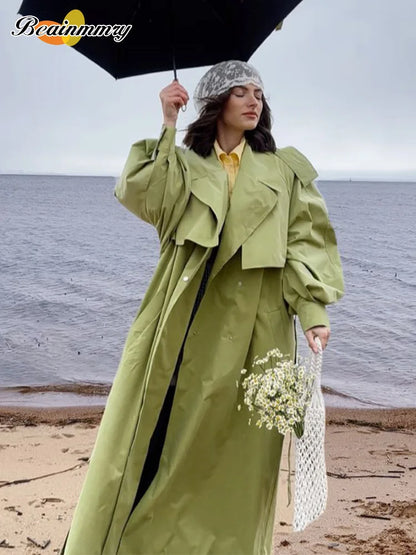 Green Oversized Belt Overcoat Women Long Sleeve Windbreaker
