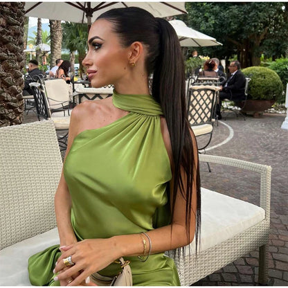 Elegant Halter Dress Women Solid Backless Maxi Dress