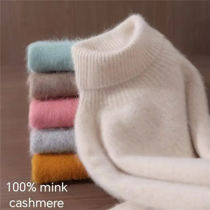 Mink Fur High Collar Pullover Sweater for Women