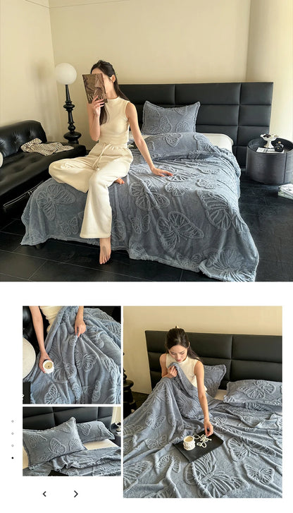 Coral Fleece Autumn Blanket with 3D Butterflies