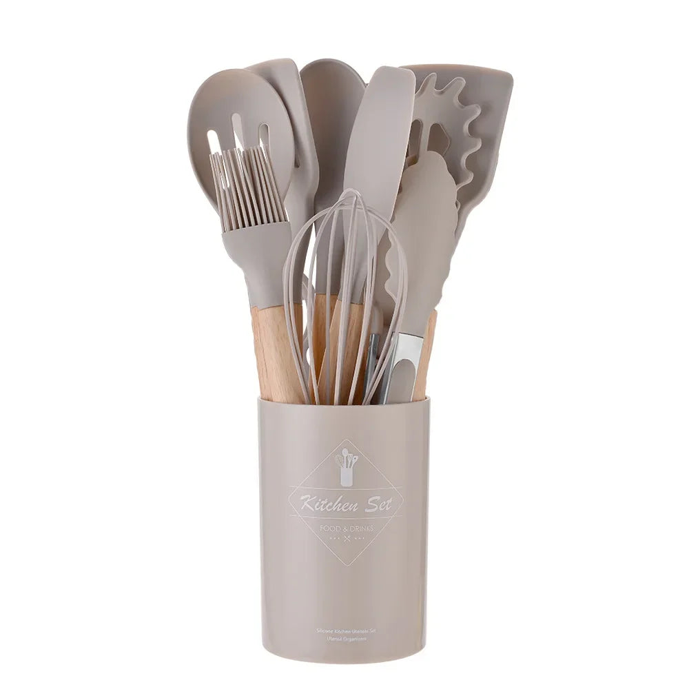 12 Piece Silicone Kitchen Utensils Set with Wooden Handle