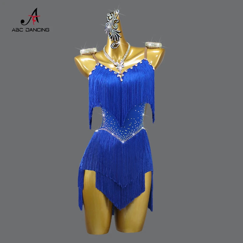Latin Performance Dance Dress Women Blue Fringe Skirt