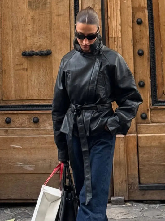 Black Faux Leather Vintage Trench Coat for Women