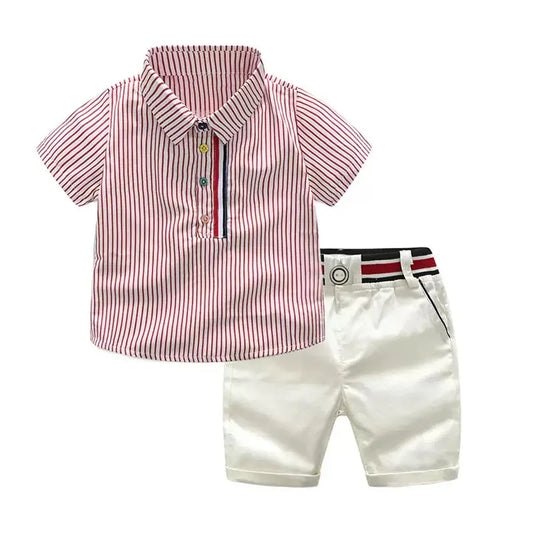 Boys Cotton Striped Short Sleeve Shirt and Pants Set