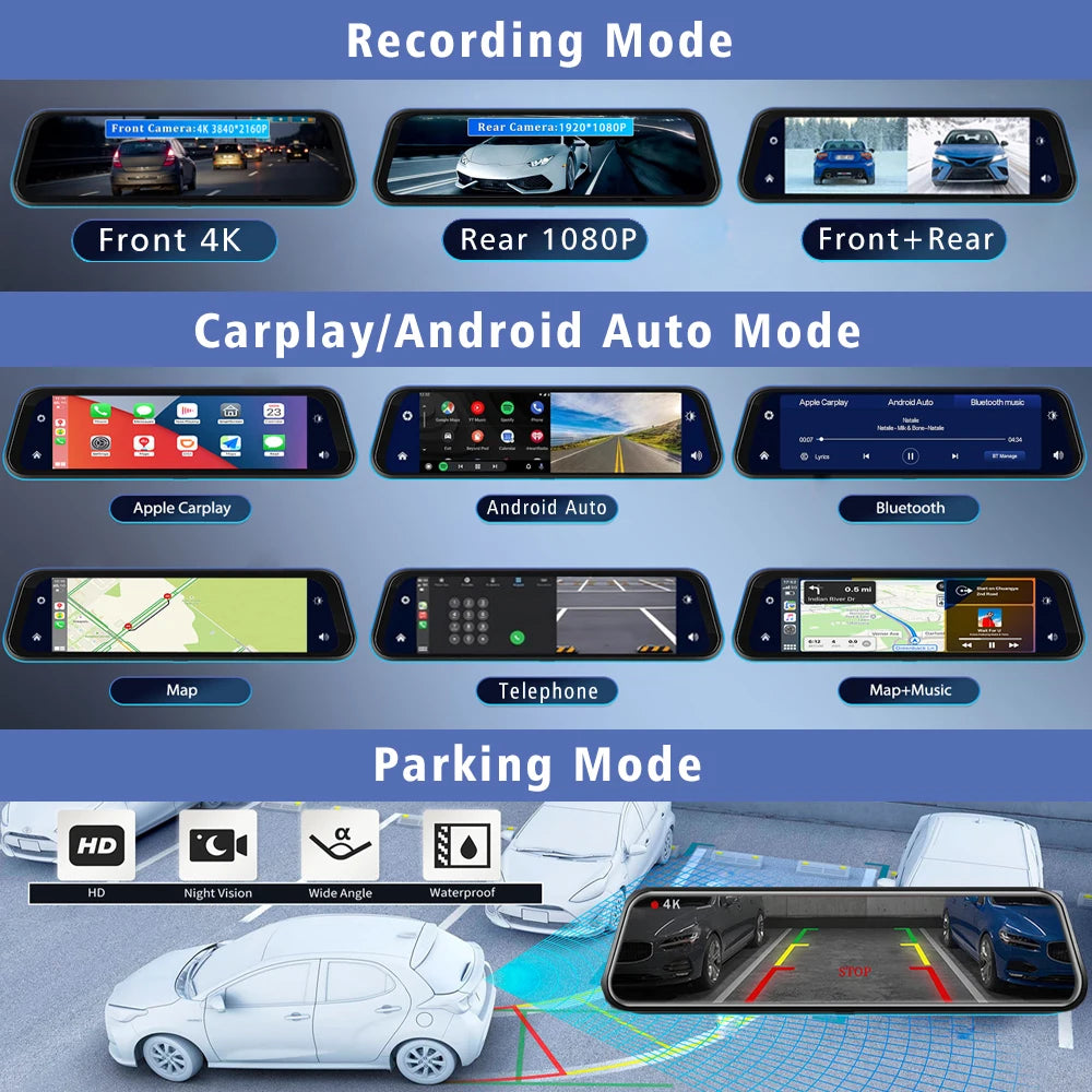 10 Inch 4K Dash Cam Rearview Mirror with GPS and WiFi