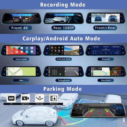 10 Inch 4K Dash Cam Rearview Mirror with GPS and WiFi