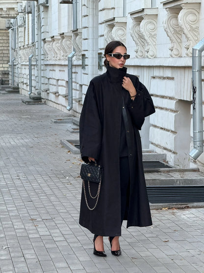 Green Oversized Belt Overcoat Women Long Sleeve Windbreaker
