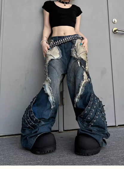 Vintage Distressed Wide Leg Cargo Jeans for Women