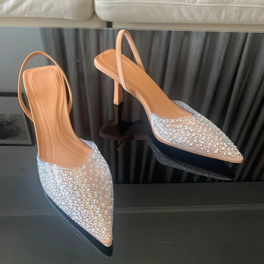 Women High Heels Slingback Pumps with Pearl Decoration