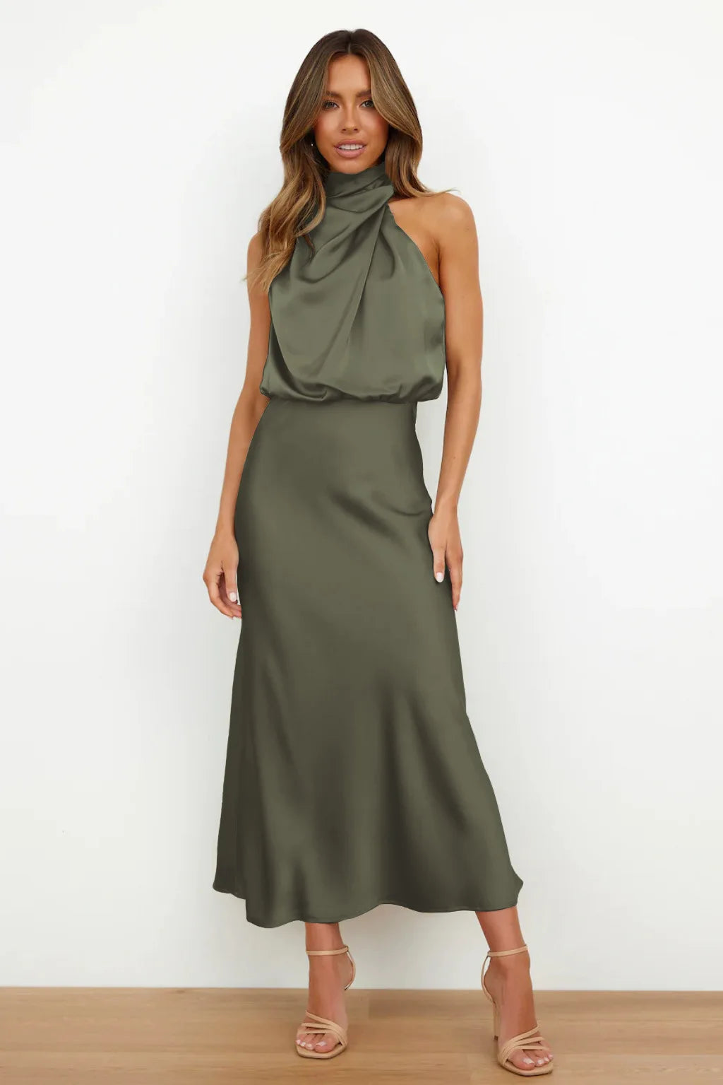Elegant Silk Satin Sleeveless Long Dress for Women