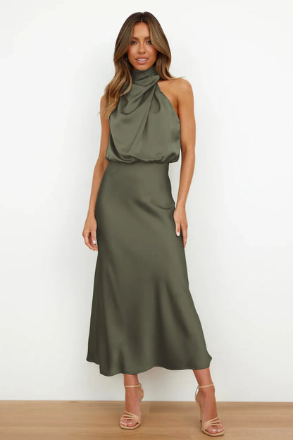 Elegant Silk Satin Sleeveless Long Dress for Women