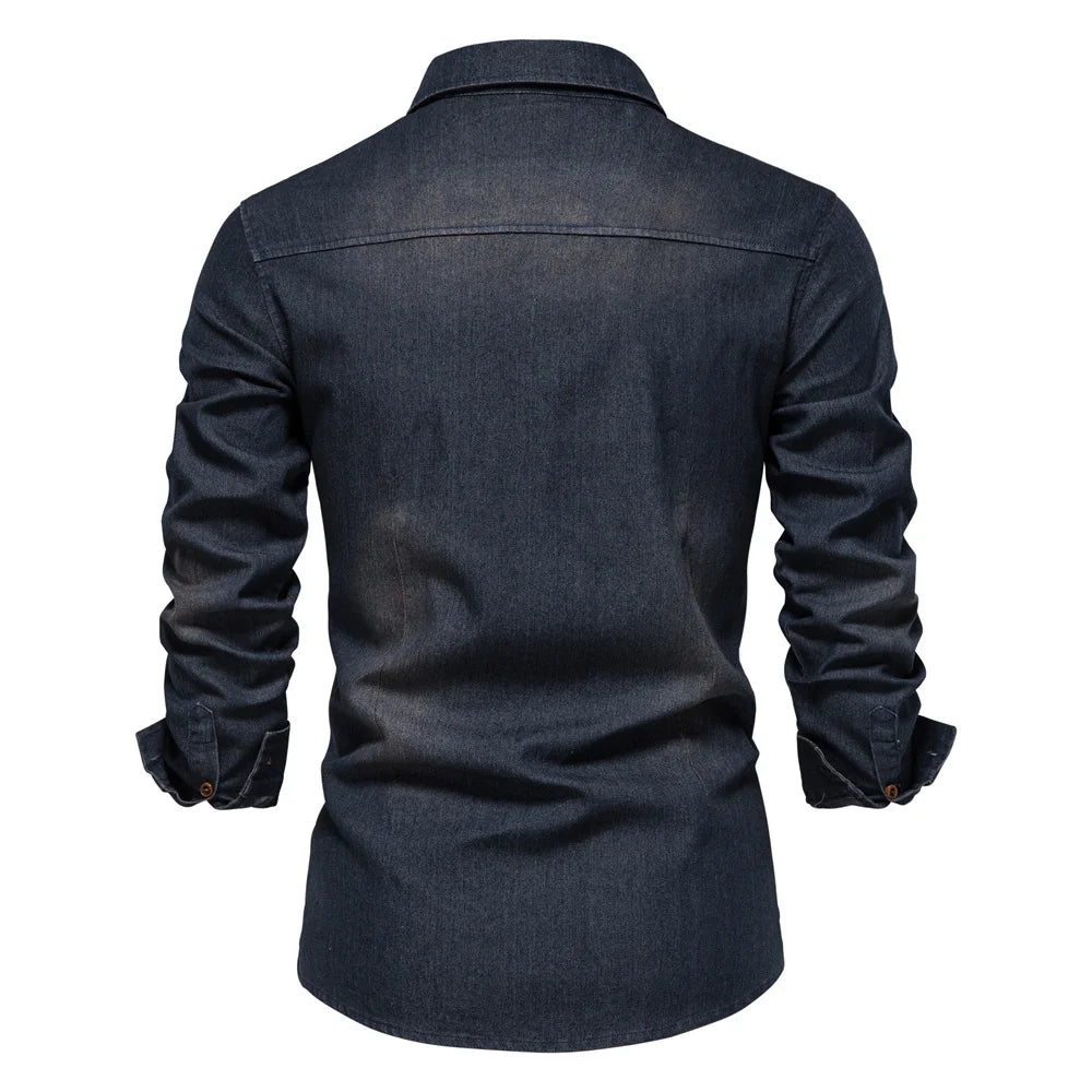 Elastic Cotton Denim Shirt Men Long Sleeve Casual