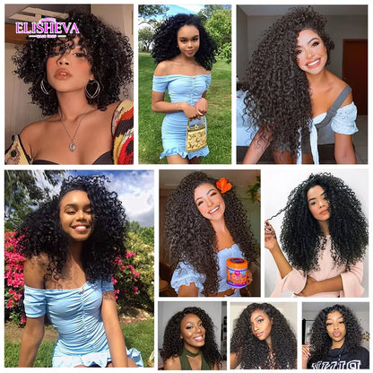 ELISHEVA Indian Human Hair Weave Bundles Kinky Curly Jet Black