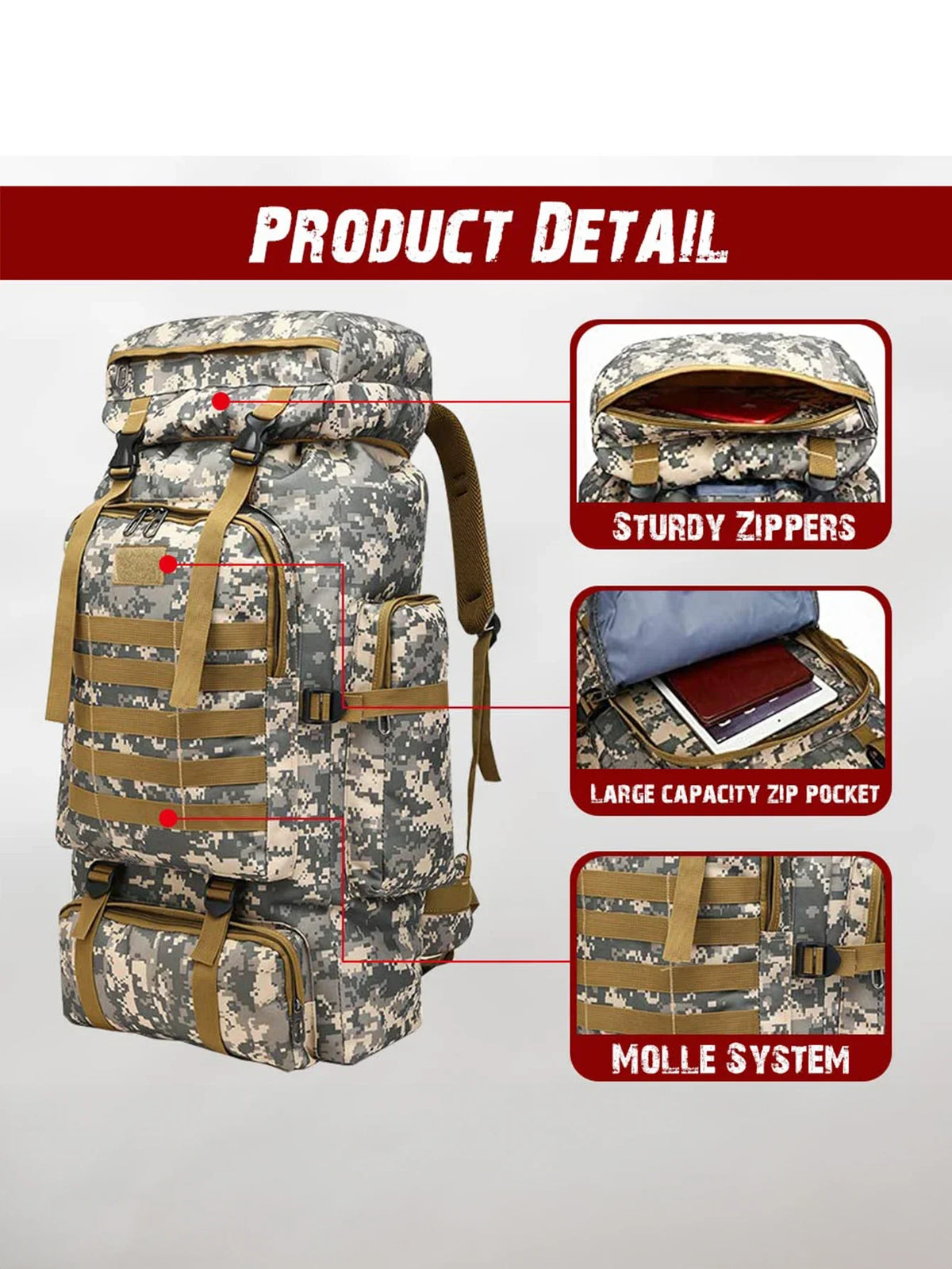 80L Tactical Mountaineering Backpack for Hiking Camping