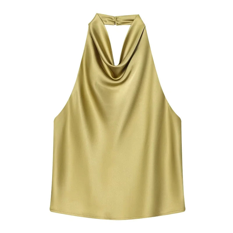 Black Satin Backless Halter Top for Women