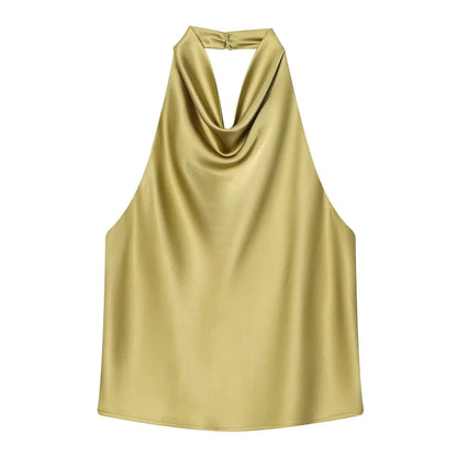 Black Satin Backless Halter Top for Women