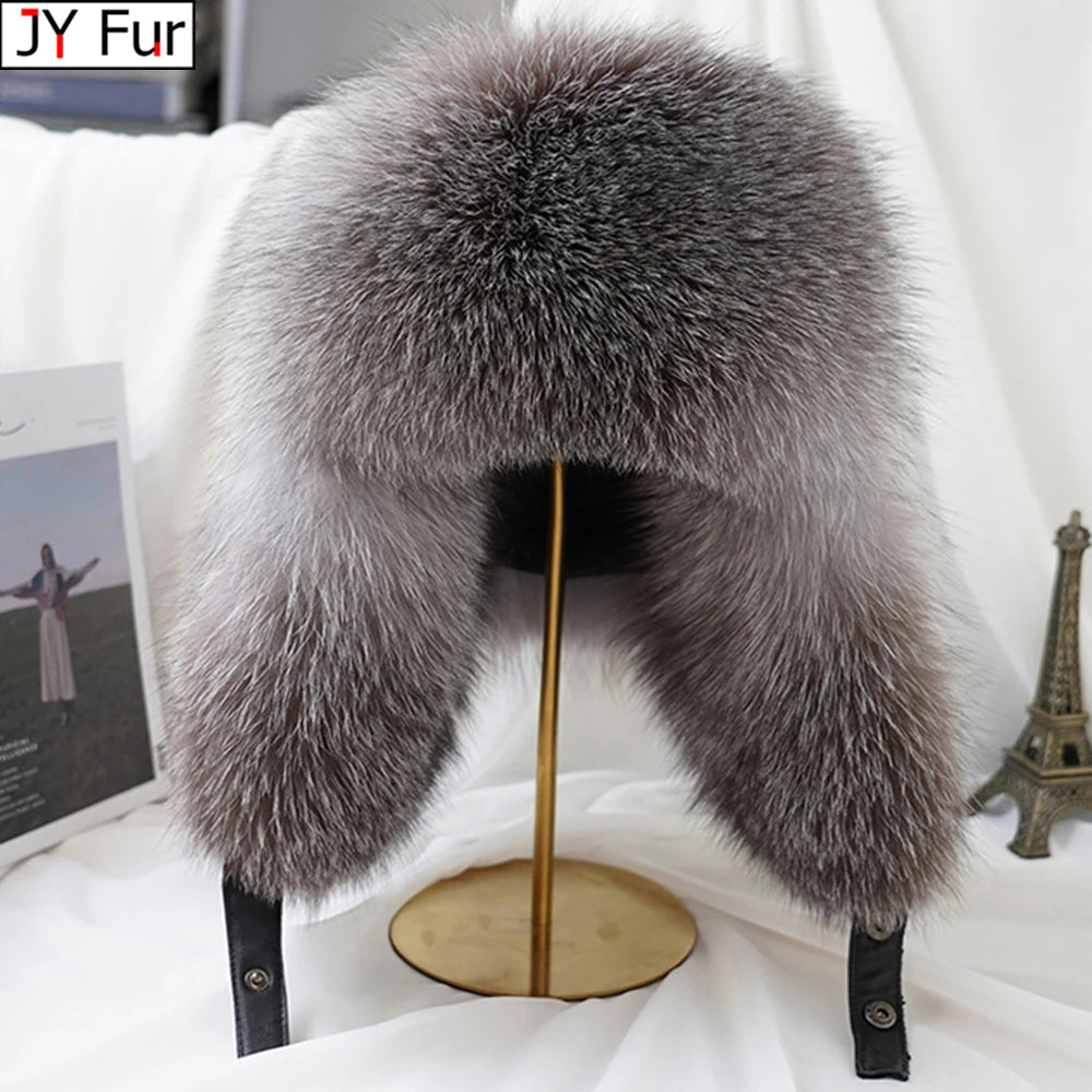 Men's Real Silver Fox Fur Bomber Hat