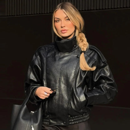 Women's Black Leather Bomber Jacket Zip-Up