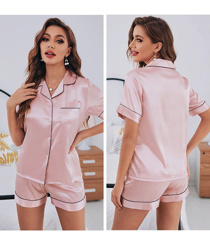 Womens Silk Satin Pajama Set Short Sleeve Loungewear