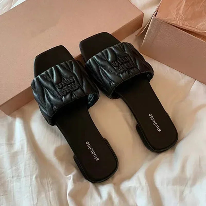 Summer Open Toe Square Toe PU Slippers for Women