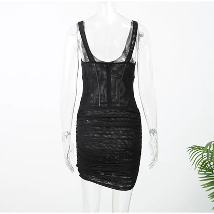 Elegant Fishbone V-neck Mini Dress Women Sleeveless Polyester