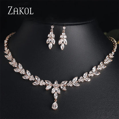 ZAKOL Brilliant Zirconia Leaf Jewelry Set for Women