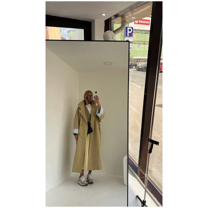 Khaki Long Color-block Stripe Trench Coat for Women