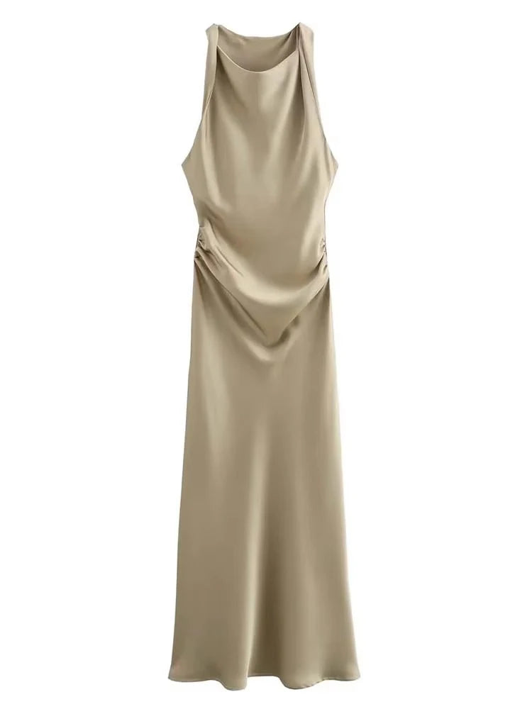Satin Midi Dress for Women Sleeveless Elegant Evening Dress