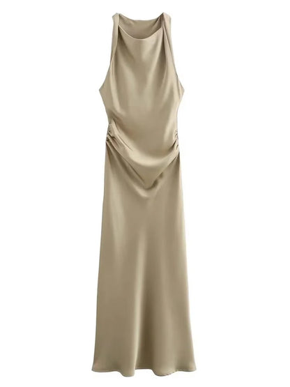 Satin Midi Dress for Women Sleeveless Elegant Evening Dress