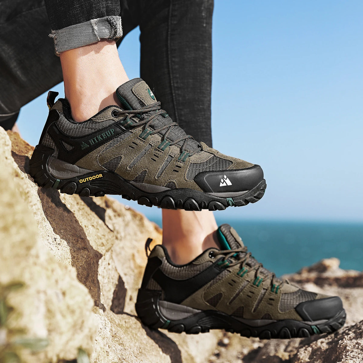 HIKEUP Men's Suede Leather Hiking Shoes Black Gray Khaki