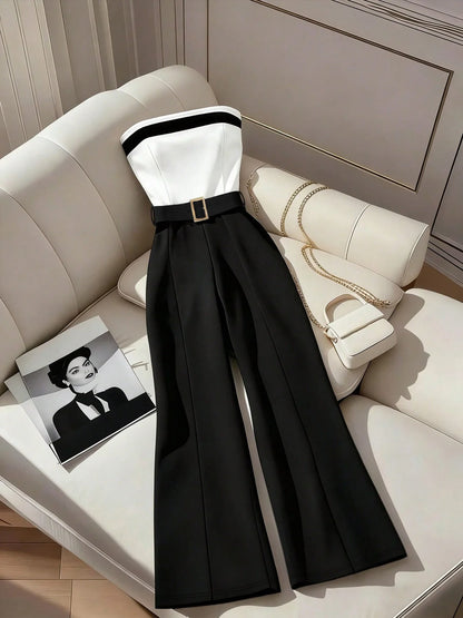 Women's Black White Square Neck Jumpsuit Polyester