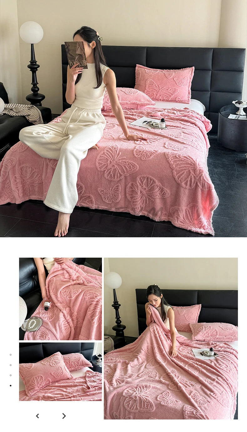 Coral Fleece Autumn Blanket with 3D Butterflies