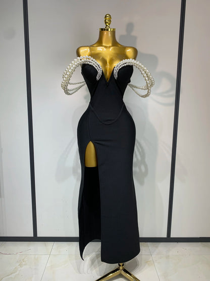 Women V Neck Maxi Bandage Dress with Pearls