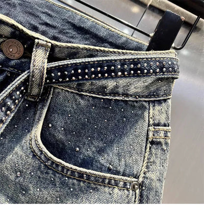 Oversize Diamond Denim Mini Skirt Women Gradient Black Grey
