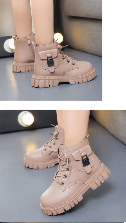 Girls PU Leather Ankle Boots with Anti-slip Sole