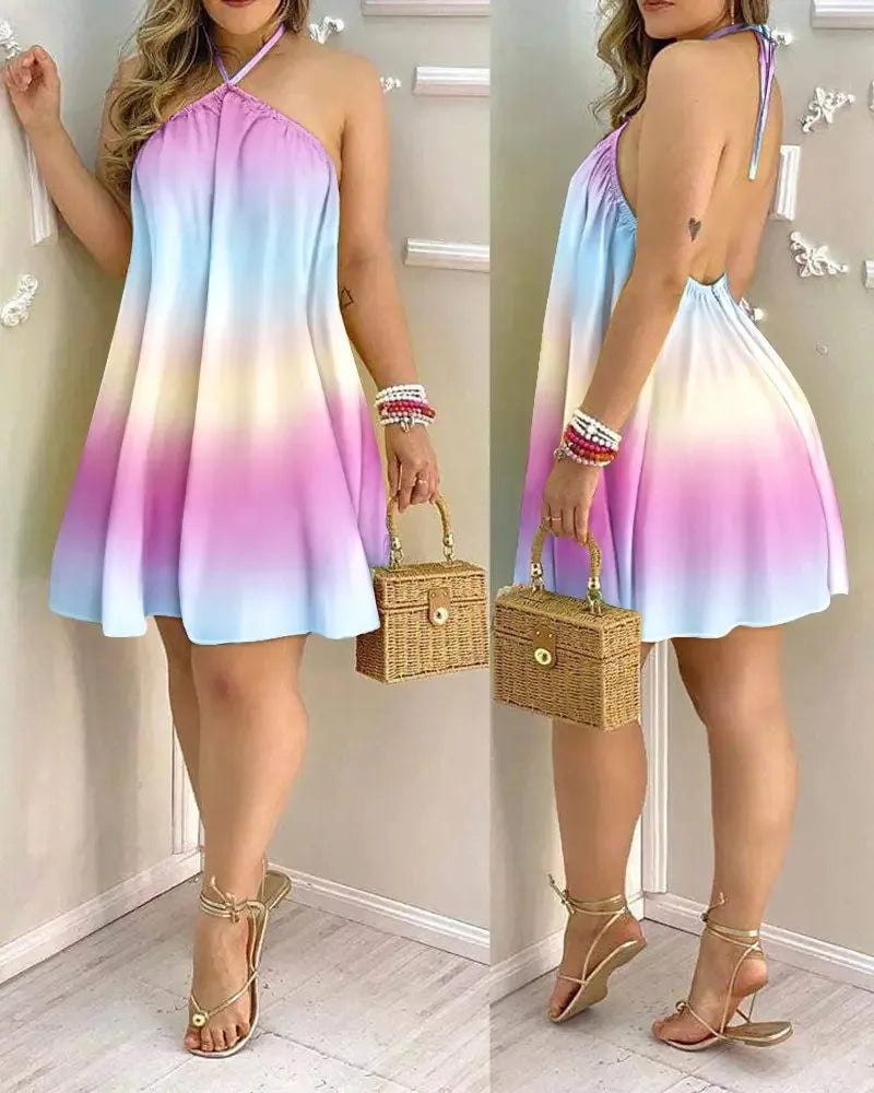 Tropical Leaf Print Halter Neck Mini Dress
