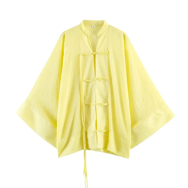 Women's Yellow Long Sleeve Shirt with Knot Decoration