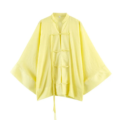 Women's Yellow Long Sleeve Shirt with Knot Decoration