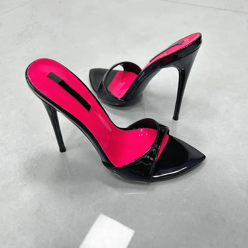 Patchwork Stiletto Heel Slippers Open Toe Thin Heels