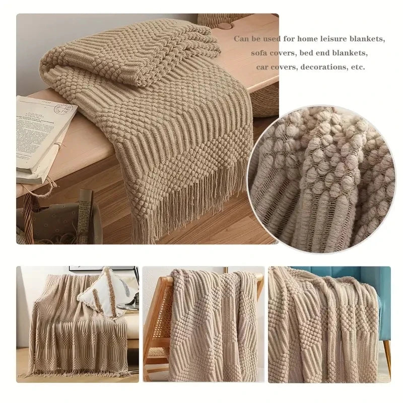 Khaki Knitted Acrylic Blanket with Tassels