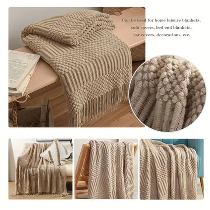 Khaki Knitted Acrylic Blanket with Tassels