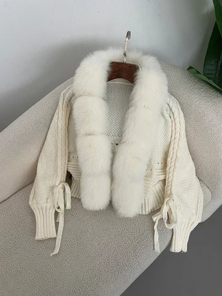 Knitted Cardigan Coat for Women with Real Fox Fur