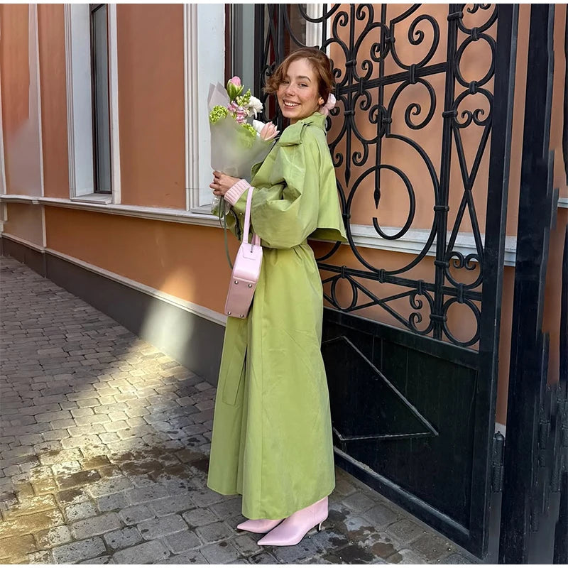 Khaki Long Color-block Stripe Trench Coat for Women